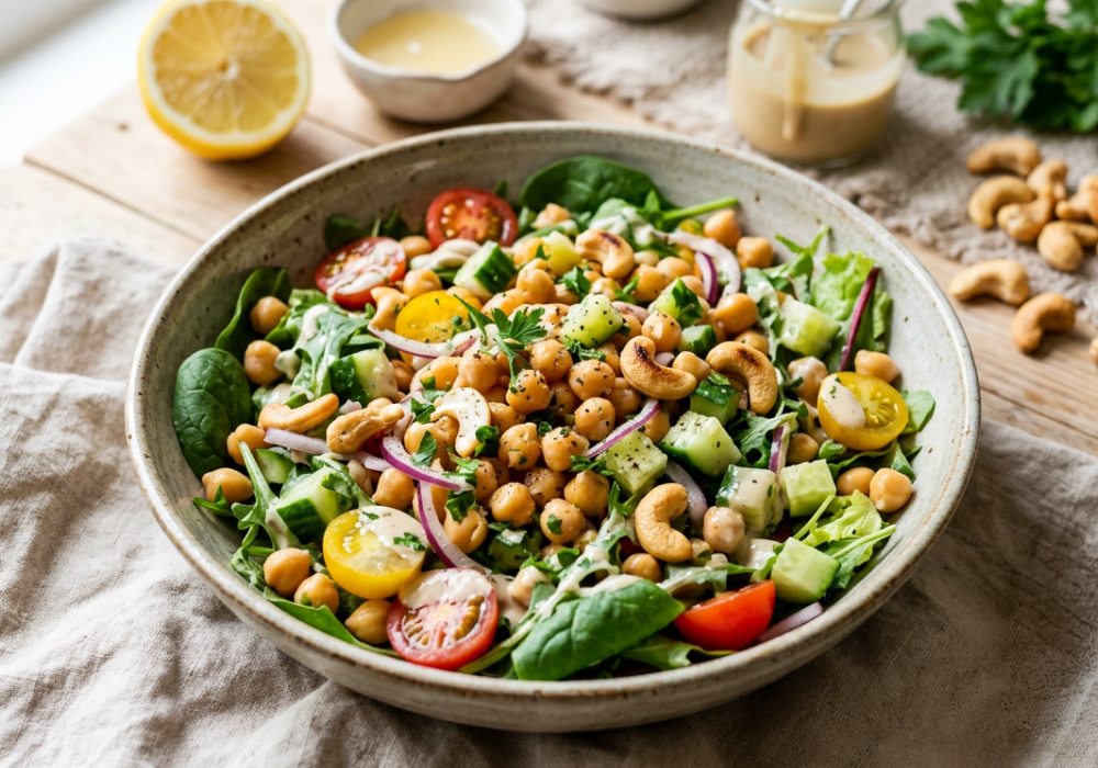 Frauenpower-Salat mit Kichererbsen, Cashewkernen und Tahin-Zitronen-Sauce