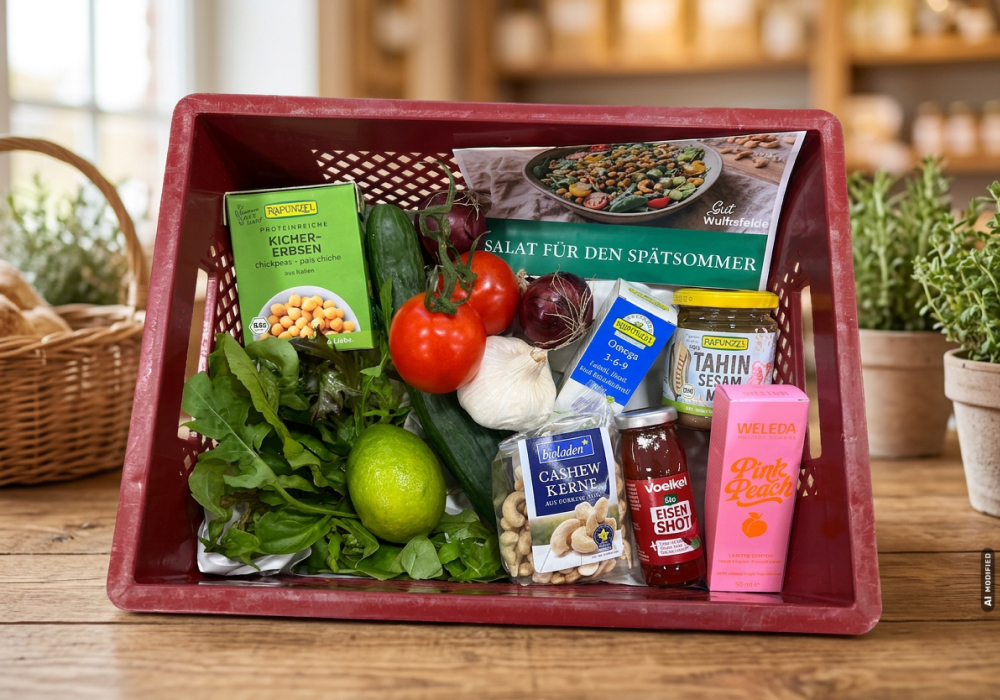 Frauen Power Kiste mit Bio-Lebensmitteln und Salatrezept