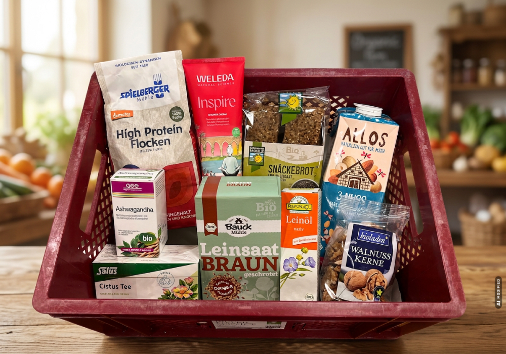 Meno Balance Kiste mit haltbaren Bio-Produkten fürs Frühstück