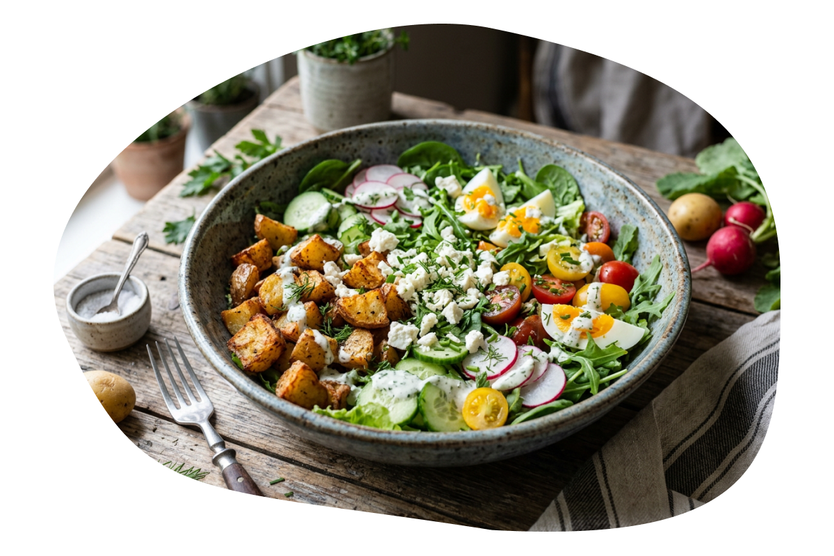 Sommerbowl mit Ofenkartoffeln und Kräuter-Dip
