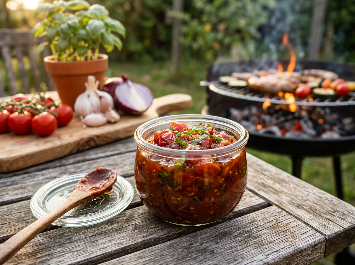 Tomate-Basilikum-Chutney im Glas mit frischem Basilikum