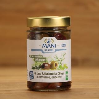 Kalamata und grüne Oliven mediterr. Kräuter