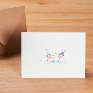 Weihnachtskarte Schneeballschlacht