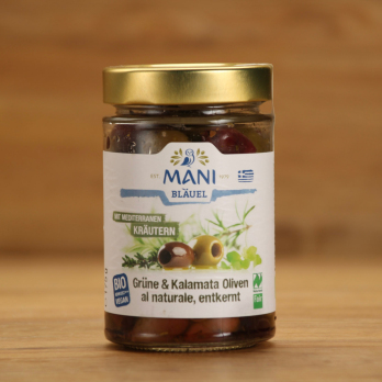 Kalamata und grüne Oliven mediterr. Kräuter